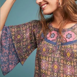 ANTHROPOLOGIE L POSTMARK Ciutadella Embroidered Yoke Floral Ruffle Sleeve Top